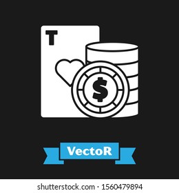 White Casino chip and playing cards icon isolated on black background. Casino poker.  Vector Illustration