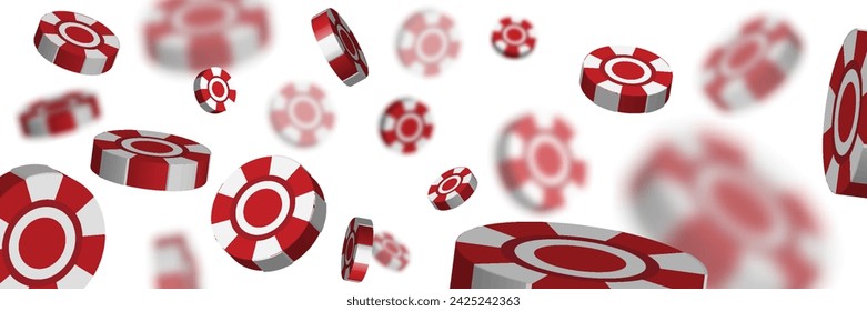 White casino chips falling seamless background isolated on white in different positions. Poker endless texture with falling defocused blur elements