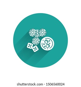 White Casino chips, game dice and glass of whiskey with ice cubes icon isolated with long shadow. Casino poker. Green circle button. Vector Illustration