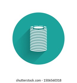 White Casino chips icon isolated with long shadow. Casino gambling. Green circle button. Vector Illustration