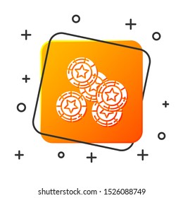 White Casino chips icon isolated on white background. Casino gambling. Orange square button. Vector Illustration