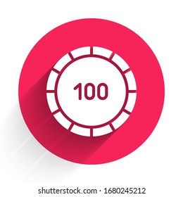 White Casino chips icon isolated with long shadow. Casino gambling. Red circle button. Vector Illustration