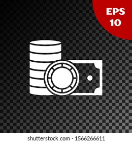 White Casino chips and stacks paper money cash icon isolated on transparent dark background. Casino gambling.  Vector Illustration