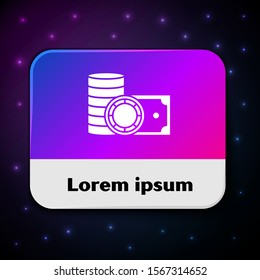 White Casino chips and stacks paper money cash icon isolated on black background. Casino gambling. Rectangle color button. Vector Illustration
