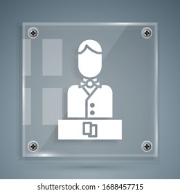 White Casino dealer icon isolated on grey background. Casino croupier. Square glass panels. Vector Illustration