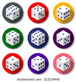 White casino dice on a colorful background. Set of modern icons with long shadows. Vector illustration 