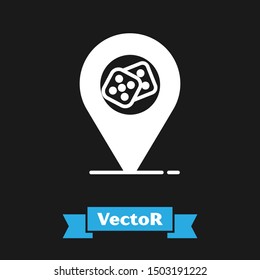 White Casino location icon isolated on black background. Game dice icon.  Vector Illustration