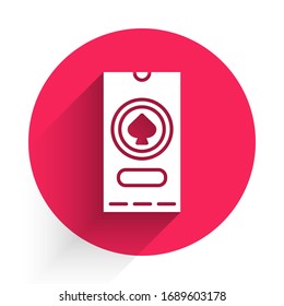 White Casino poker tournament invitation icon isolated with long shadow. Casino card. Red circle button. Vector Illustration