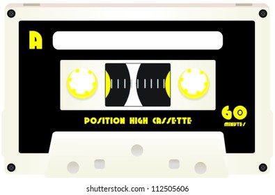 White Cassette Tape with Black Label and Yellow Text