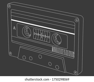 White cassette tape of hand drawn on the grey background. Isolated vector illustration.