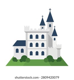 A white castle with blue roofs and towers on a green grass hill, medieval architecture
