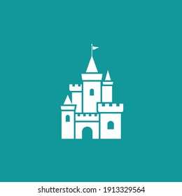 White Castle With Flag Icon. Tower, Fortress. Fairy Tale, Magic, Fantasy Logo. Holiday. Vector Illustrarion Isolated On Blue Background