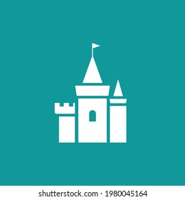 Castillo blanco con icono de bandera. Torre, fortaleza. Cuento de hadas, magia, logo de fantasía. Vacaciones. Ilustración vectorial aislada en fondo azul
