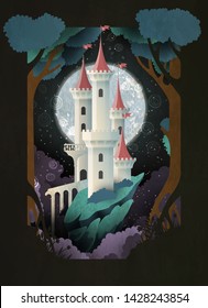 White castle in front of night sky and moon. Fairy tale illustration. Book cover, poster or postcard design