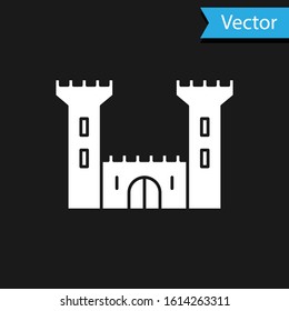 White Castle icon isolated on black background. Fortress sign.  Vector Illustration