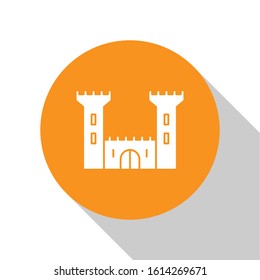 White Castle icon isolated on white background. Fortress sign. Orange circle button. Vector Illustration
