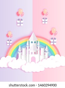 white castle with rainbow , balloons  and gift boxes for card . paper cut and craft style . 