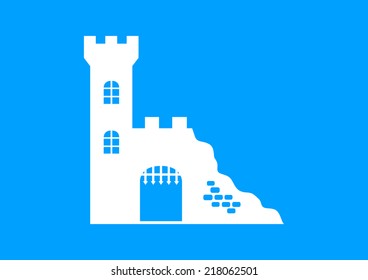 White castle ruins on blue background