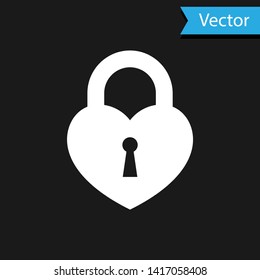 White Castle in the shape of a heart icon isolated on black background. Locked Heart. Love symbol and keyhole sign. Vector Illustration