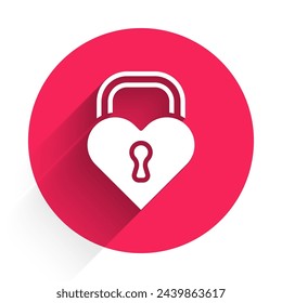 White Castle in the shape of a heart icon isolated with long shadow background. Locked Heart. Love symbol and keyhole sign. Happy Valentines day. Red circle button. Vector