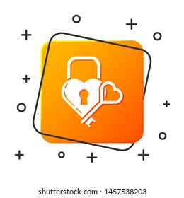 White Castle in the shape of a heart and key icon isolated on white background. Locked Heart. Love symbol and keyhole sign. Orange square button. Vector Illustration