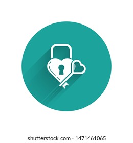 White Castle in the shape of a heart and key icon isolated with long shadow. Locked Heart. Love symbol and keyhole sign. Green circle button. Vector Illustration