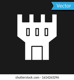 White Castle tower icon isolated on black background. Fortress sign.  Vector Illustration