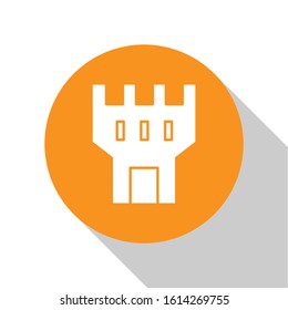 White Castle tower icon isolated on white background. Fortress sign. Orange circle button. Vector Illustration