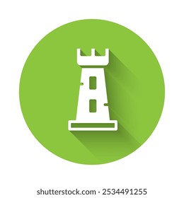 White Castle tower icon isolated with long shadow. Fortress sign. Green circle button. Vector