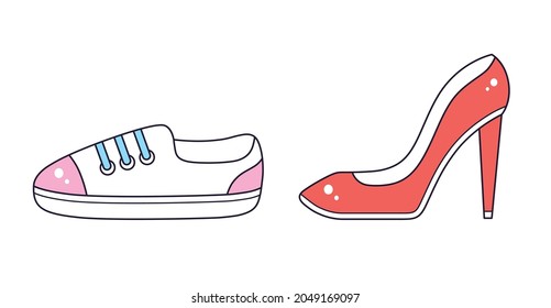 White casual sport sneaker and fashionable luxury red high heels shoe isolated vector