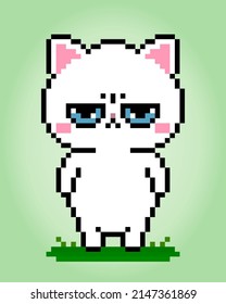 White cat is angry standing in 8 bit pixel art. Animals for game assets in vector illustration.