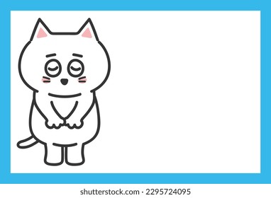 White cat apologizes for something or someone with copy space. Vector illustration isolated on white background.