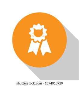 White Cat award symbol icon isolated on white background. Medal with cat footprint as pets exhibition winner concept. Orange circle button. Vector Illustration
