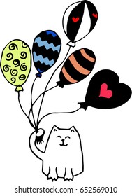 White cat with balloons on a white background.