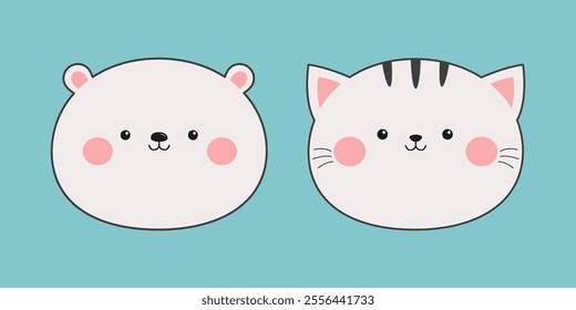 White cat bear face set. Black contour doodle silhouette. Kawaii animal. Cute cartoon character. Funny baby with eyes, nose, pink ears, cheeks. Love Greeting card. Flat design. Blue background. Vector