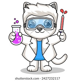 White cat becomes laboratory scientist, digital art illustration