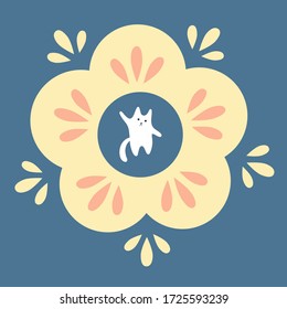 white cat in the beige flower on dark blue background. cat and flower print