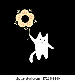 white cat with beige flower on black background