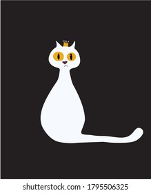 White cat with big yellow eyes wearing a crown with stones, on a black background, looking grumpy