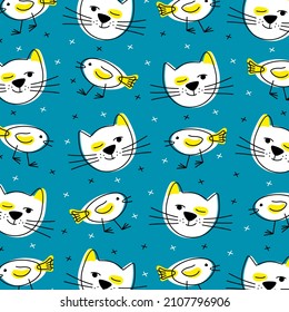 White cat and white bird. Cheerful pattern on a blue background. Flat vector illustration.