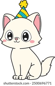 White cat with birthday party hat vector illustration