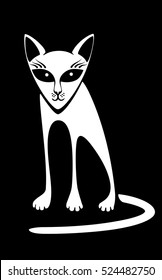 White cat. Black background. Flat. Cartoon. Caricature. Logo.