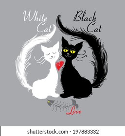 White cat, black cat. love Pair cats ate tasty fish. Funny illustration.