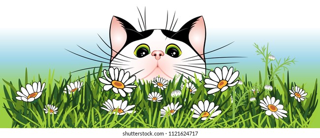 White cat with black specks. Green fresh herbs and daisies. Vector Illustration.