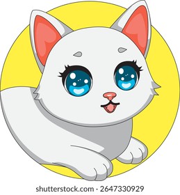 White Cat With Blue Eyes Cartoon Sticker Vector