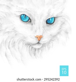 White cat with blue eyes. Watercolor drawing. Vector illustration