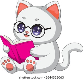 White Cat With Book Kawaii Cartoon Vector