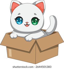 White Cat In Box Kawaii Cartoon Vector