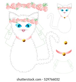 White Cat Bride with Blue Eyes, Crown Pink Rose Flower, Golden Ball Collar. Valentine Day. Vector Illustration. isolated on white Background.