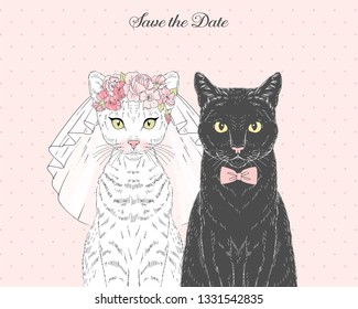 White cat bride in wedding veil and floral diadem and black cat groom in bow tie. Vector hand drawn animal illustration for save the date wedding party design.